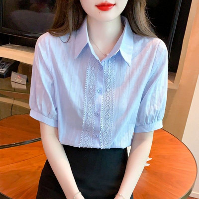 2024 Elegáns pamut ingek női alkalmi tömör gombos hajtókás blúzok Ingek tavaszi nyár rövid ujjú bő felsők Új Z864