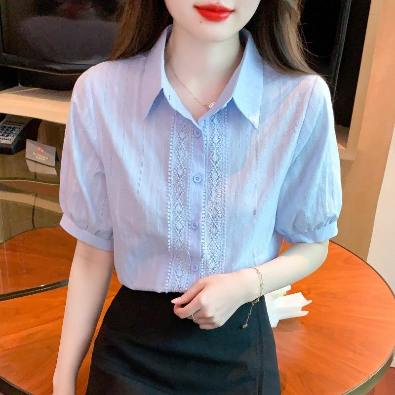 2024 Elegáns pamut ingek női alkalmi tömör gombos hajtókás blúzok Ingek tavaszi nyár rövid ujjú bő felsők Új Z864