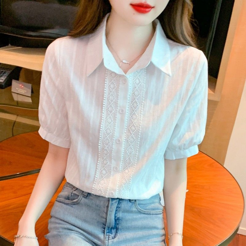 2024 Elegáns pamut ingek női alkalmi tömör gombos hajtókás blúzok Ingek tavaszi nyár rövid ujjú bő felsők Új Z864