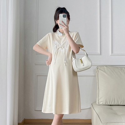 Kineski stil Trudnica Poboljšana Cheongsam samostojeća ovratnica Trudnička haljina kratkih rukava Slatka čipkana patchwork trudnička haljina