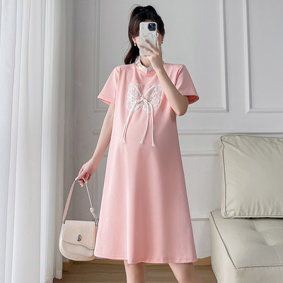 Kineski stil Trudnica Poboljšana Cheongsam samostojeća ovratnica Trudnička haljina kratkih rukava Slatka čipkana patchwork trudnička haljina