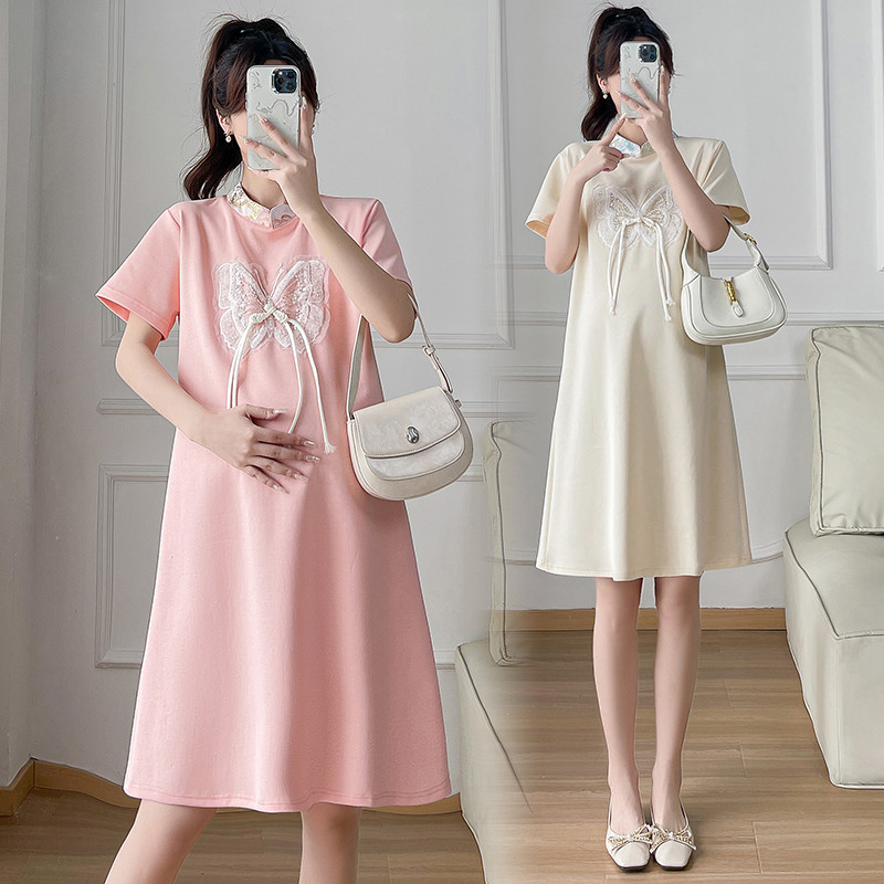 Kineski stil Trudnica Poboljšana Cheongsam samostojeća ovratnica Trudnička haljina kratkih rukava Slatka čipkana patchwork trudnička haljina
