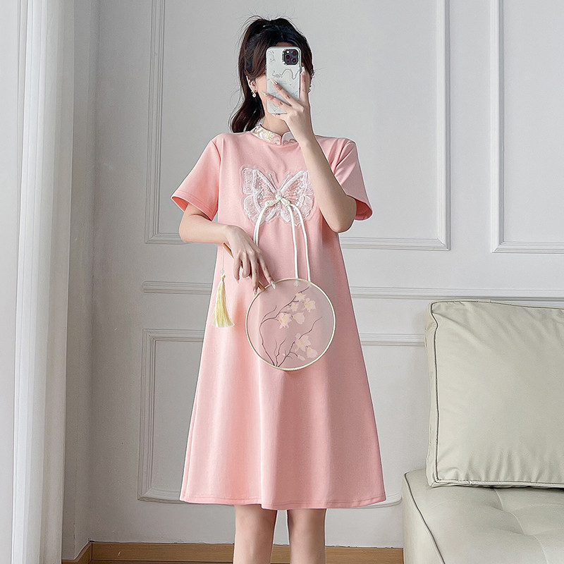 Kineski stil Trudnica Poboljšana Cheongsam samostojeća ovratnica Trudnička haljina kratkih rukava Slatka čipkana patchwork trudnička haljina