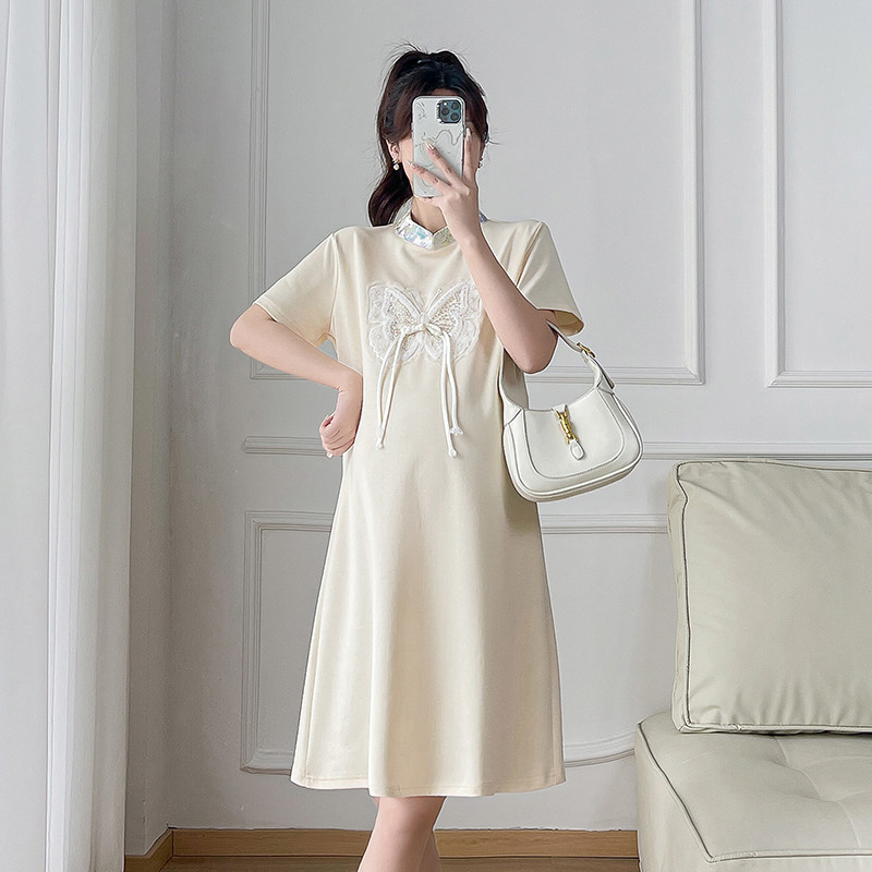 Kineski stil Trudnica Poboljšana Cheongsam samostojeća ovratnica Trudnička haljina kratkih rukava Slatka čipkana patchwork trudnička haljina