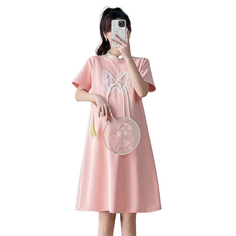 Kineski stil Trudnica Poboljšana Cheongsam samostojeća ovratnica Trudnička haljina kratkih rukava Slatka čipkana patchwork trudnička haljina