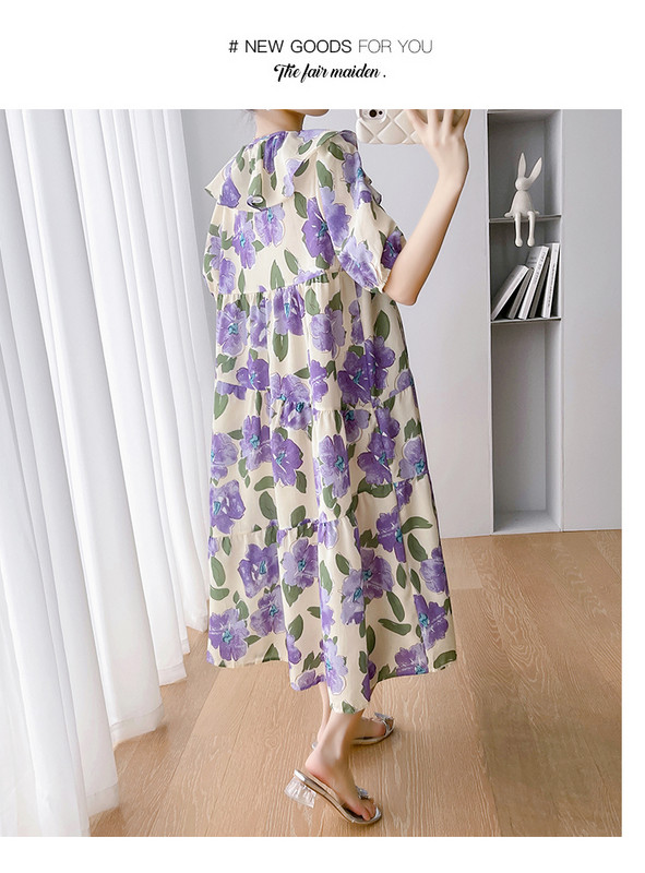 Vasaras violeta ar ziediem apdrukāta grūtniecēm brīva gara kleita, salda, volānveida Pītera Pena apkakle ar piedurknēm, grūtniecei šifona kleita