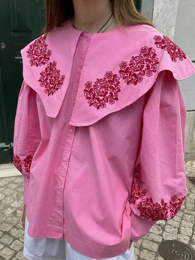 Sieviešu blūzes ar izšūtām lelles apkaklītēm, brīvas vienrindas, laternas piedurknes sieviešu blūzes 2024. gada pavasara vasaras topi