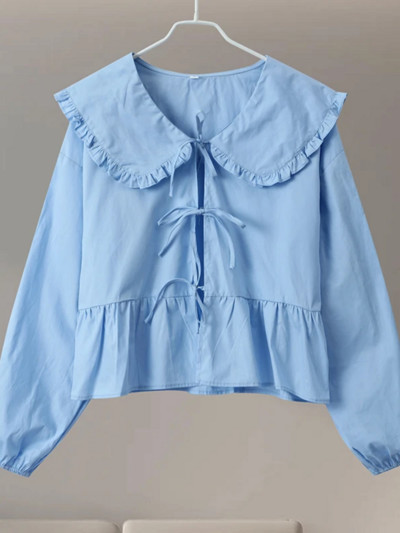 Sieviešu blūzes ar izšūtām lelles apkaklītēm, brīvas vienrindas, laternas piedurknes sieviešu blūzes 2024. gada pavasara vasaras topi