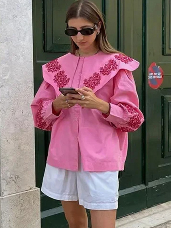 Sieviešu blūzes ar izšūtām lelles apkaklītēm, brīvas vienrindas, laternas piedurknes sieviešu blūzes 2024. gada pavasara vasaras topi