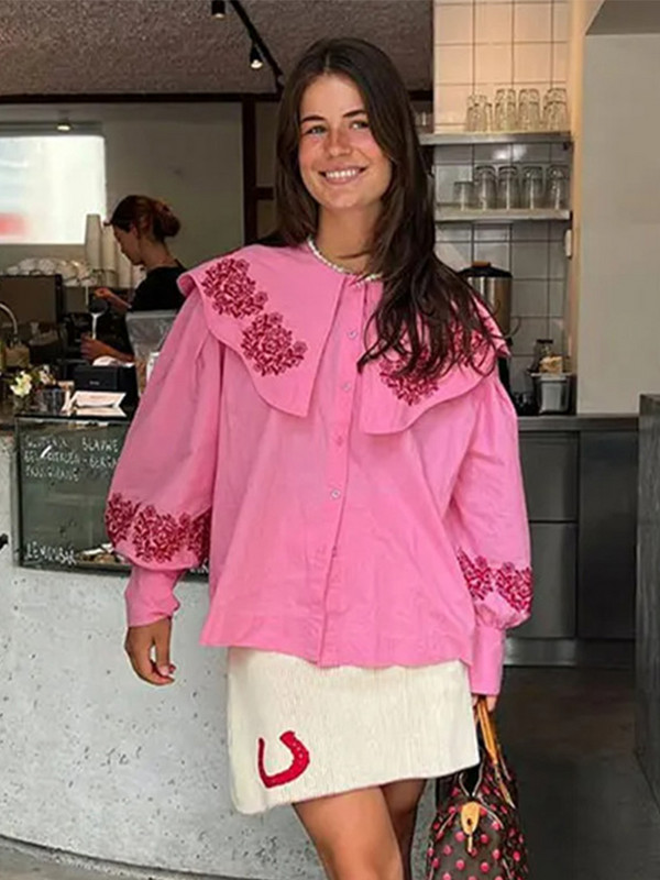 Sieviešu blūzes ar izšūtām lelles apkaklītēm, brīvas vienrindas, laternas piedurknes sieviešu blūzes 2024. gada pavasara vasaras topi