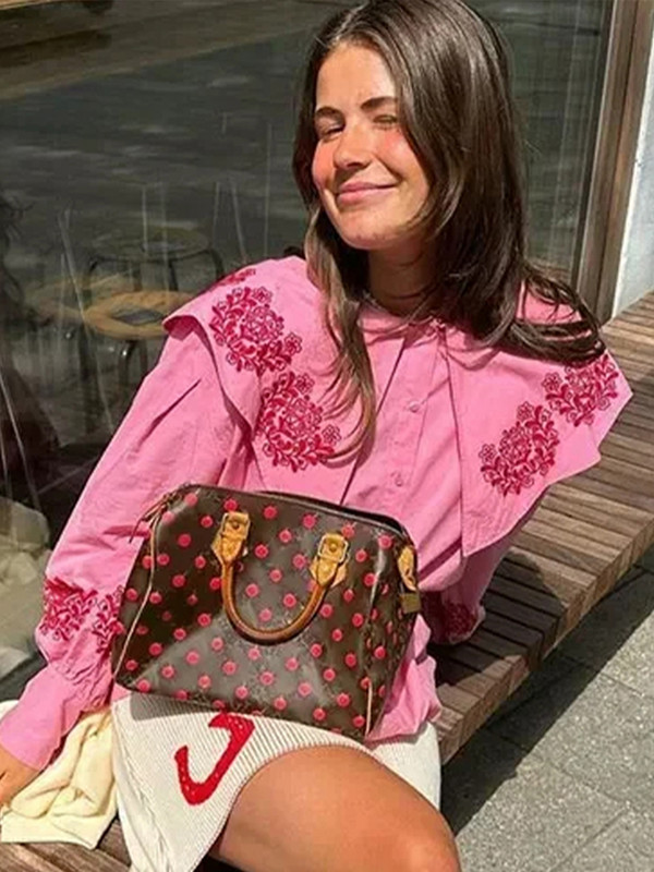 Sieviešu blūzes ar izšūtām lelles apkaklītēm, brīvas vienrindas, laternas piedurknes sieviešu blūzes 2024. gada pavasara vasaras topi