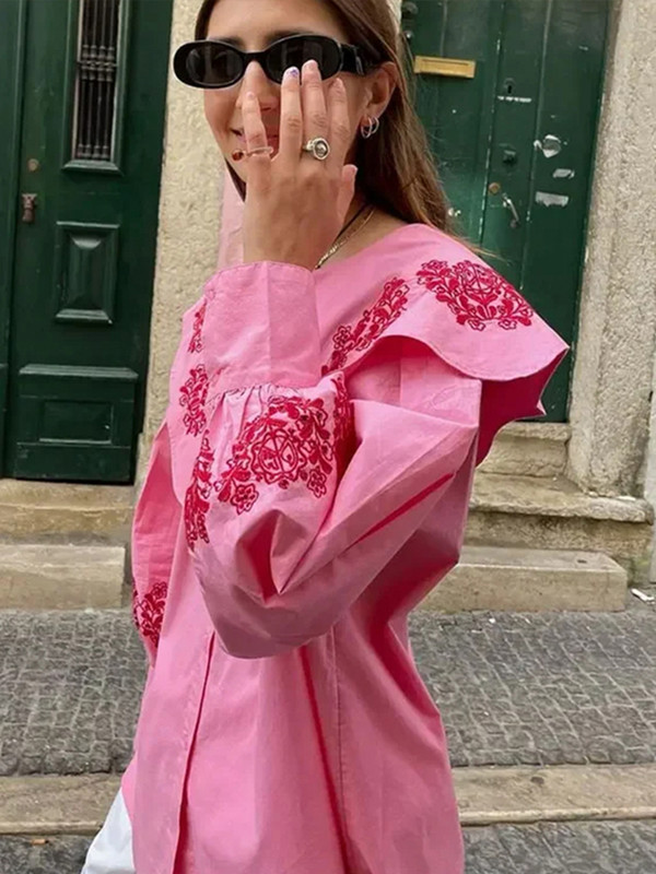 Sieviešu blūzes ar izšūtām lelles apkaklītēm, brīvas vienrindas, laternas piedurknes sieviešu blūzes 2024. gada pavasara vasaras topi