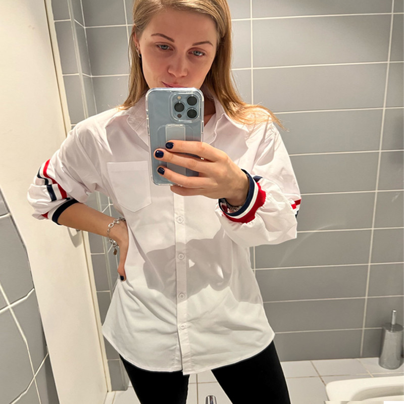 OUMENGKA 2023 Bijele labave košulje na pruge s povezima, ženske bluze, pleteni ovratnik s dugim rukavima, ženske majice