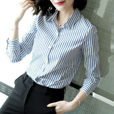 Plānas intelektuālas pavasara vasaras pogas svītrains biroja dāmu biznesa ikdienas modes blūzes sieviešu apģērbs ar garām piedurknēm