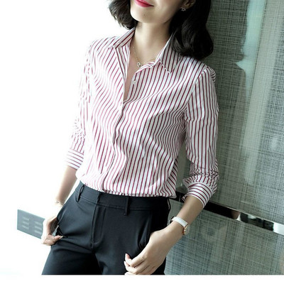 Plānas intelektuālas pavasara vasaras pogas svītrains biroja dāmu biznesa ikdienas modes blūzes sieviešu apģērbs ar garām piedurknēm