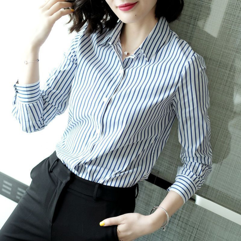 Plānas intelektuālas pavasara vasaras pogas svītrains biroja dāmu biznesa ikdienas modes blūzes sieviešu apģērbs ar garām piedurknēm
