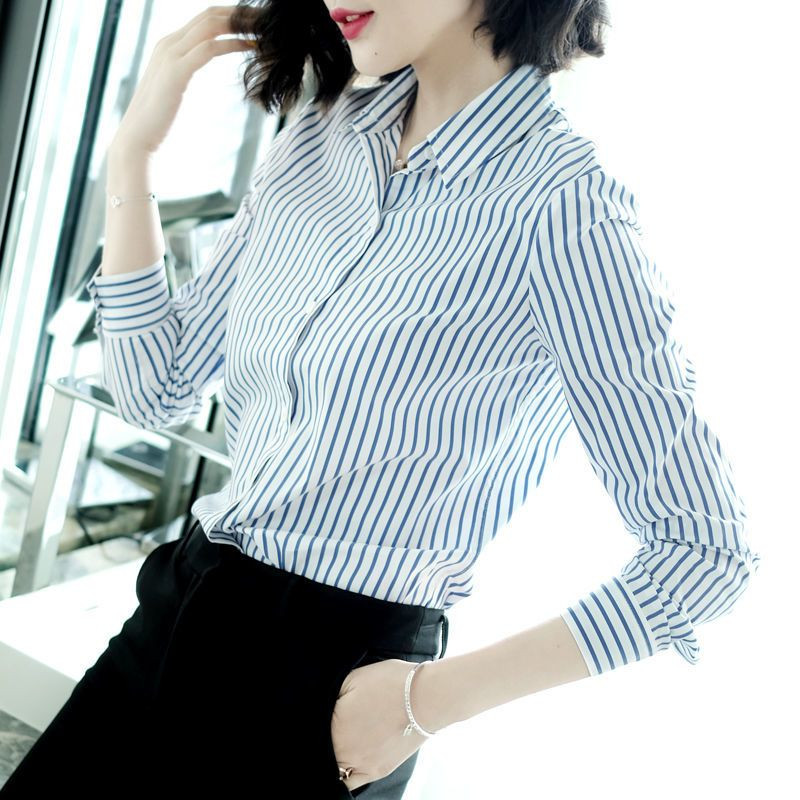 Plānas intelektuālas pavasara vasaras pogas svītrains biroja dāmu biznesa ikdienas modes blūzes sieviešu apģērbs ar garām piedurknēm