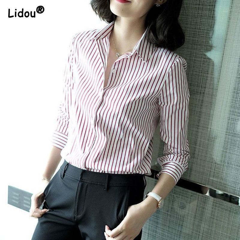 Plānas intelektuālas pavasara vasaras pogas svītrains biroja dāmu biznesa ikdienas modes blūzes sieviešu apģērbs ar garām piedurknēm