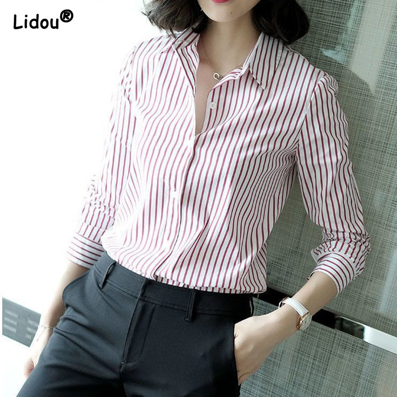 Plānas intelektuālas pavasara vasaras pogas svītrains biroja dāmu biznesa ikdienas modes blūzes sieviešu apģērbs ar garām piedurknēm