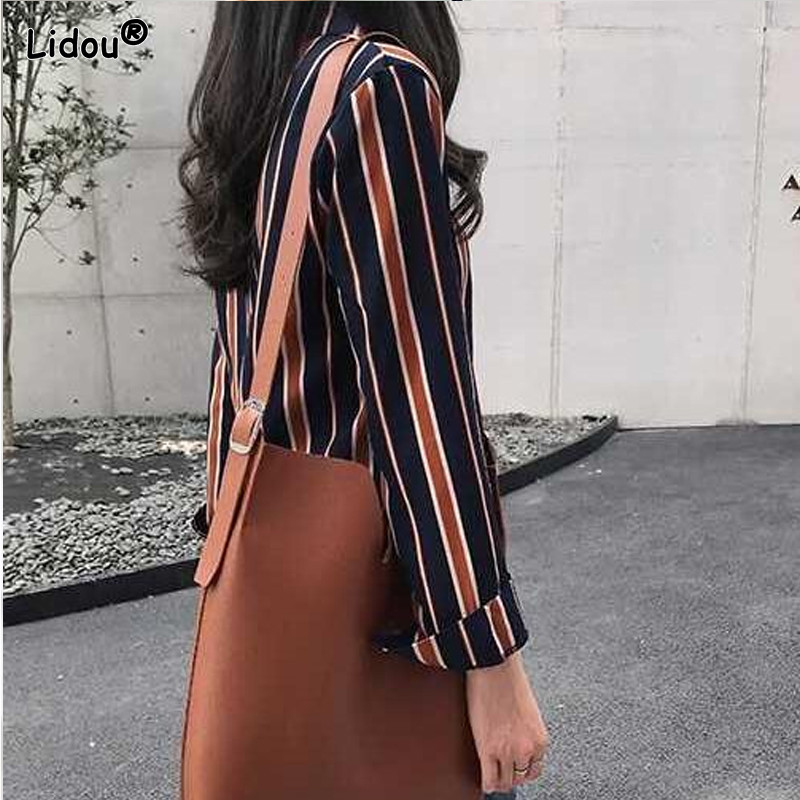 Svītrainas temperamenta blūzes Novelkamās apkakles, vaļīgas pogas Biroja dāma Eleganta Mode Svinīgs Pavasaris Vasara Sieviešu Apģērbs Plāns