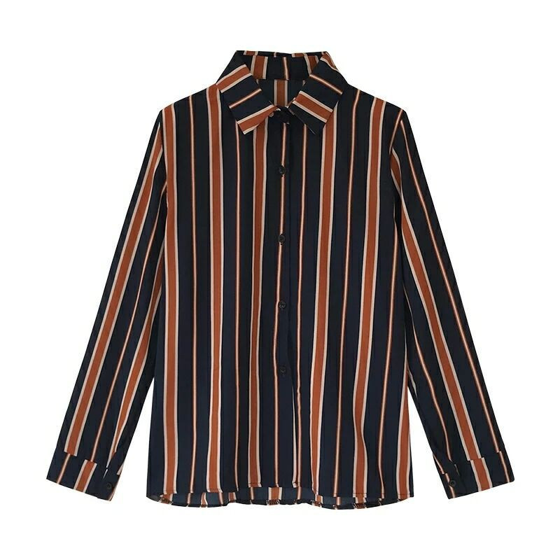 Svītrainas temperamenta blūzes Novelkamās apkakles, vaļīgas pogas Biroja dāma Eleganta Mode Svinīgs Pavasaris Vasara Sieviešu Apģērbs Plāns