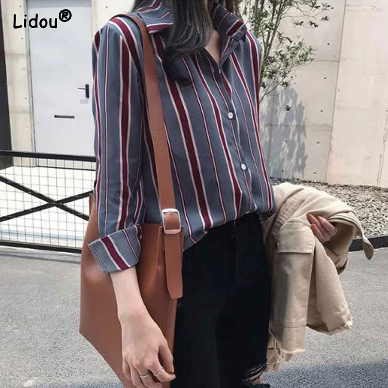 Svītrainas temperamenta blūzes Novelkamās apkakles, vaļīgas pogas Biroja dāma Eleganta Mode Svinīgs Pavasaris Vasara Sieviešu Apģērbs Plāns