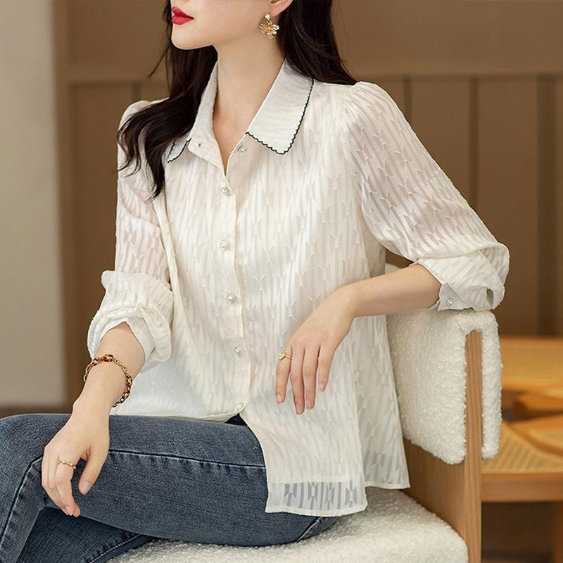 Modna uredska biserna bluza s jednim kopčanjem Ženska klasična polo kragna dugih rukava Ženska košulja od šifona za sve vrste 2023.