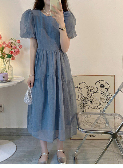 Korejas stila vasaras grūtnieču kleita ar pūšām piedurknēm šifona kleita ar augstu vidukli, grūtniecei ar O kakla izgriezumu, viegla balles kleita, zila violeta