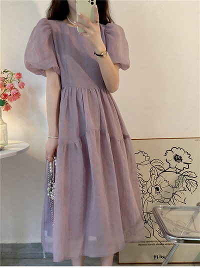 Korejas stila vasaras grūtnieču kleita ar pūšām piedurknēm šifona kleita ar augstu vidukli, grūtniecei ar O kakla izgriezumu, viegla balles kleita, zila violeta