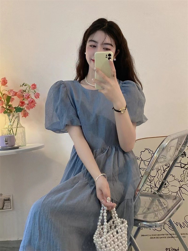 Korejas stila vasaras grūtnieču kleita ar pūšām piedurknēm šifona kleita ar augstu vidukli, grūtniecei ar O kakla izgriezumu, viegla balles kleita, zila violeta