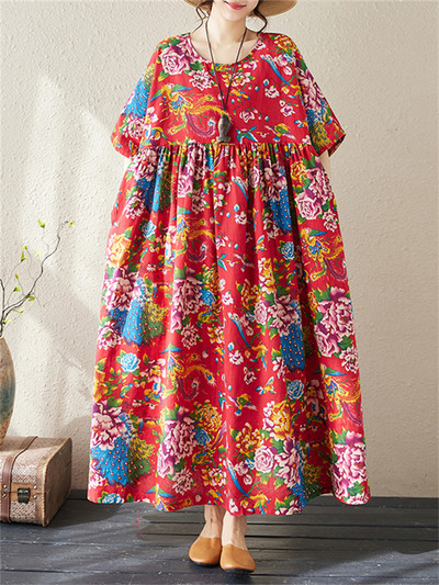 Ljetne pamučne vintage haljine kratkih rukava za 2024. za žene Ležerna široka duga haljina Femme Robe Vestidos Elegantna modna odjeća