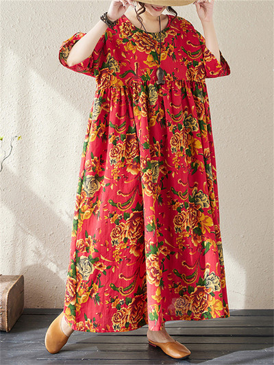 Ljetne pamučne vintage haljine kratkih rukava za 2024. za žene Ležerna široka duga haljina Femme Robe Vestidos Elegantna modna odjeća