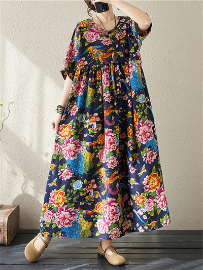 Ljetne pamučne vintage haljine kratkih rukava za 2024. za žene Ležerna široka duga haljina Femme Robe Vestidos Elegantna modna odjeća