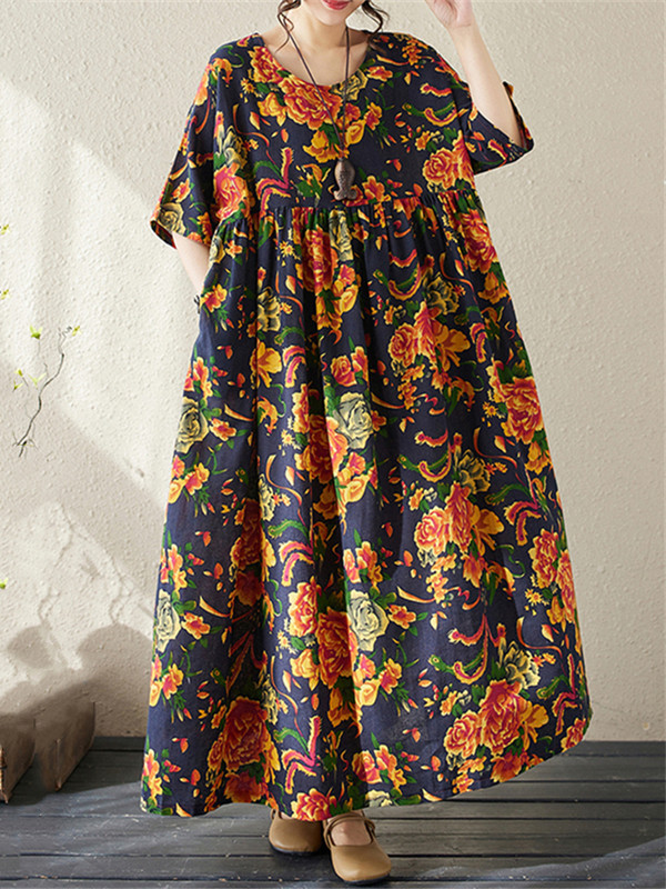 Ljetne pamučne vintage haljine kratkih rukava za 2024. za žene Ležerna široka duga haljina Femme Robe Vestidos Elegantna modna odjeća