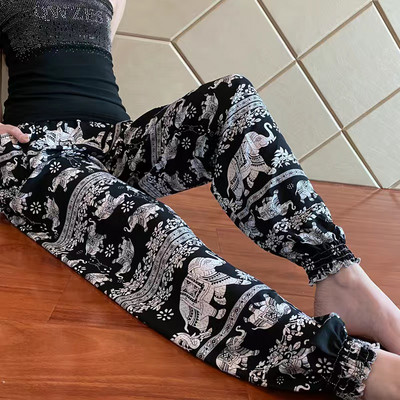 Vasaras Palazzo Tropical ziedu ikdienišķas bikses brīvas guļvietas, elastīgas vidukļa platas bikses elpojošas, mīkstas