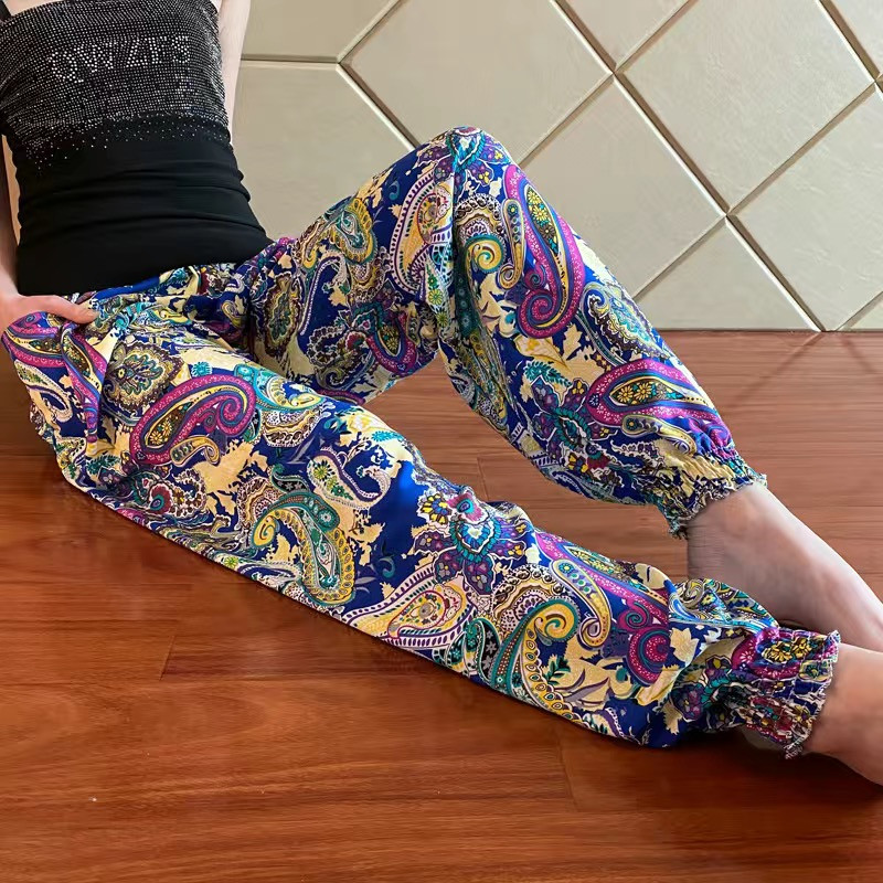 Vasaras Palazzo Tropical ziedu ikdienišķas bikses brīvas guļvietas, elastīgas vidukļa platas bikses elpojošas, mīkstas