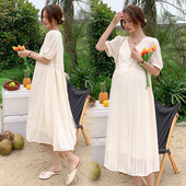 Gara grūtnieču kleita 2022. gada vasaras modes apģērbs ar V kakla izgriezumu, brīvs apģērbs grūtniecēm OL grūtniecības apģērbs