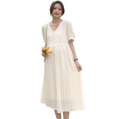 Gara grūtnieču kleita 2022. gada vasaras modes apģērbs ar V kakla izgriezumu, brīvs apģērbs grūtniecēm OL grūtniecības apģērbs