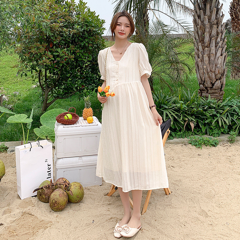 Gara grūtnieču kleita 2022. gada vasaras modes apģērbs ar V kakla izgriezumu, brīvs apģērbs grūtniecēm OL grūtniecības apģērbs