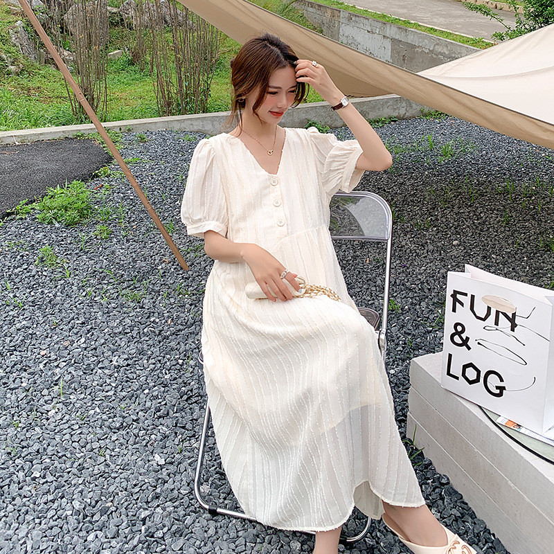 Gara grūtnieču kleita 2022. gada vasaras modes apģērbs ar V kakla izgriezumu, brīvs apģērbs grūtniecēm OL grūtniecības apģērbs