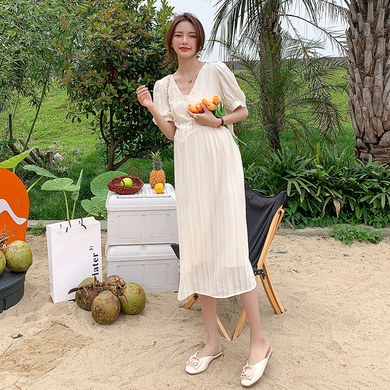 Gara grūtnieču kleita 2022. gada vasaras modes apģērbs ar V kakla izgriezumu, brīvs apģērbs grūtniecēm OL grūtniecības apģērbs