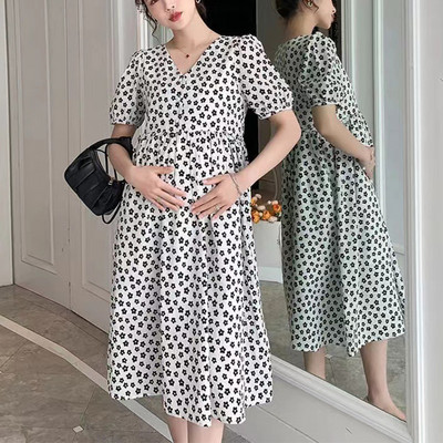 Vasaras grūtniecēm brīva, ērta kleita, volāni V veida kakla apkakle, raibs raibs, grūtniecei ziedu kleita, svētku apģērbs