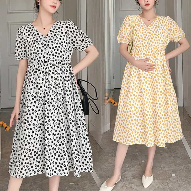 Vasaras grūtniecēm brīva, ērta kleita, volāni V veida kakla apkakle, raibs raibs, grūtniecei ziedu kleita, svētku apģērbs