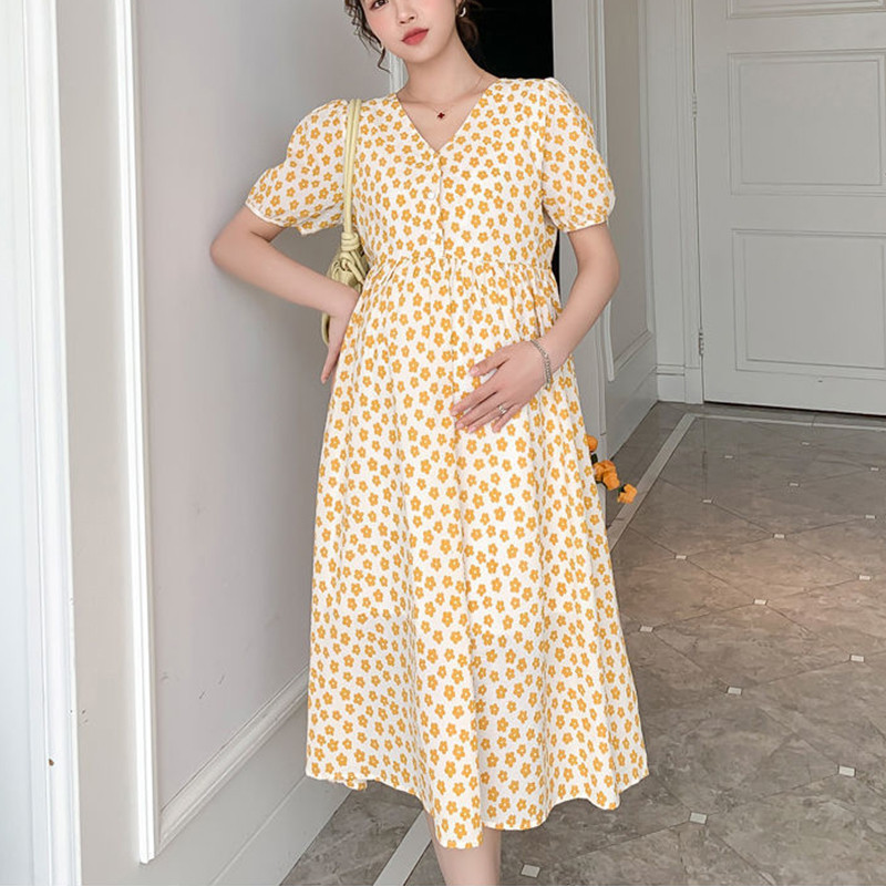 Vasaras grūtniecēm brīva, ērta kleita, volāni V veida kakla apkakle, raibs raibs, grūtniecei ziedu kleita, svētku apģērbs