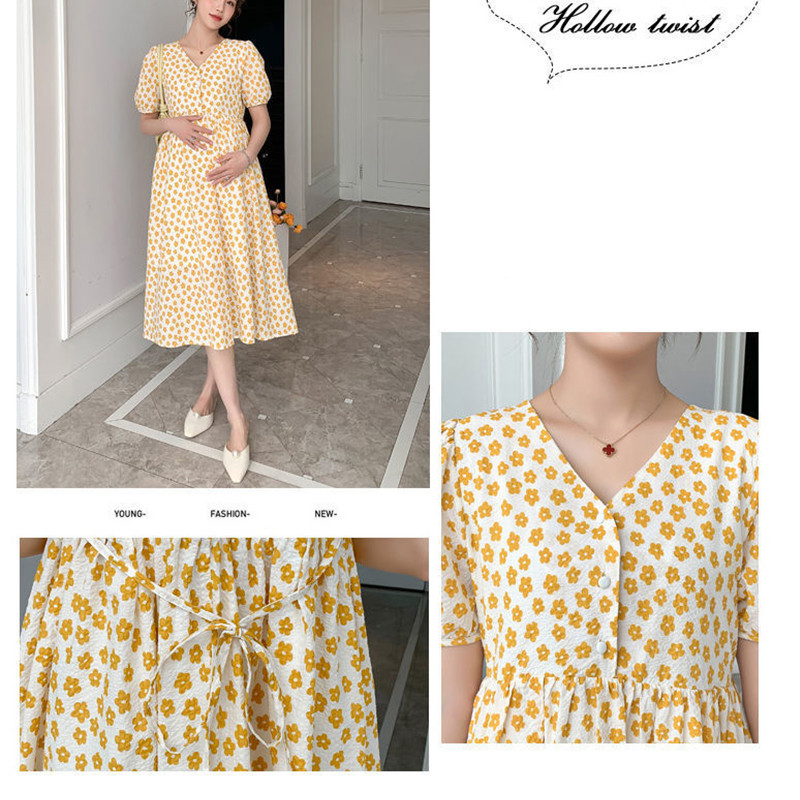 Vasaras grūtniecēm brīva, ērta kleita, volāni V veida kakla apkakle, raibs raibs, grūtniecei ziedu kleita, svētku apģērbs