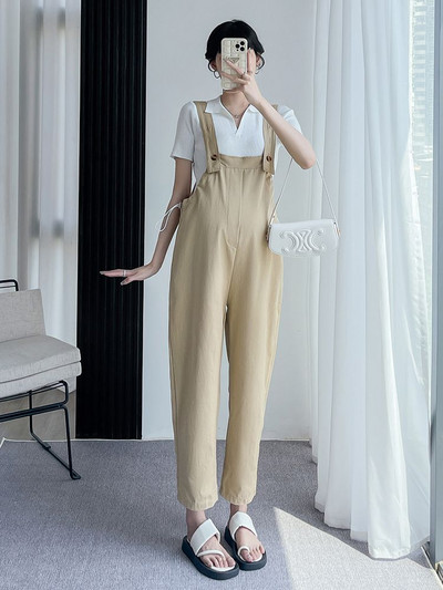 Vasaras kombinezoni grūtniecēm Lielizmēra savilkšanas aukliņas viduklis vienkrāsains grūtnieces rombiņi Modes kombinezoni grūtniecībai brīvas bikses