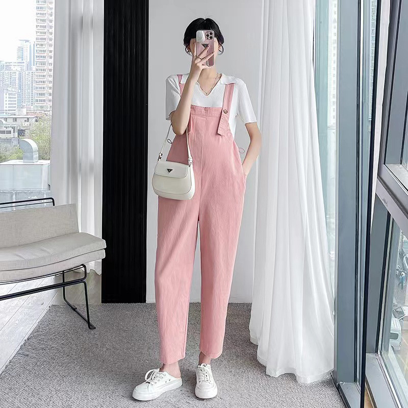 Vasaras kombinezoni grūtniecēm Lielizmēra savilkšanas aukliņas viduklis vienkrāsains grūtnieces rombiņi Modes kombinezoni grūtniecībai brīvas bikses