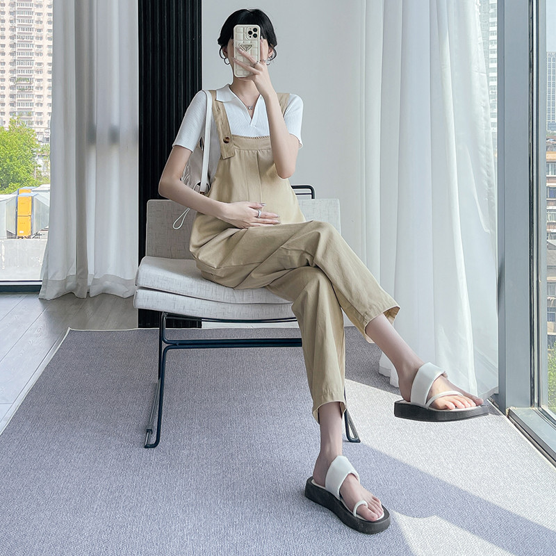 Vasaras kombinezoni grūtniecēm Lielizmēra savilkšanas aukliņas viduklis vienkrāsains grūtnieces rombiņi Modes kombinezoni grūtniecībai brīvas bikses