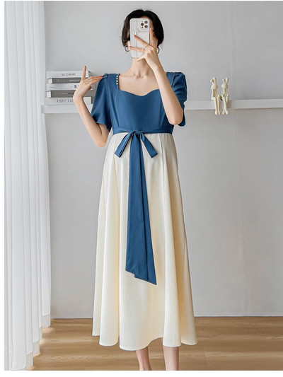 2024. aasta Hiina stiilis vintage raseda naise šifoonist kleit + vöö lühikeste varrukatega ruudukujuline krae rasedatele mõeldud šifoonist plokkide värvi kleidid