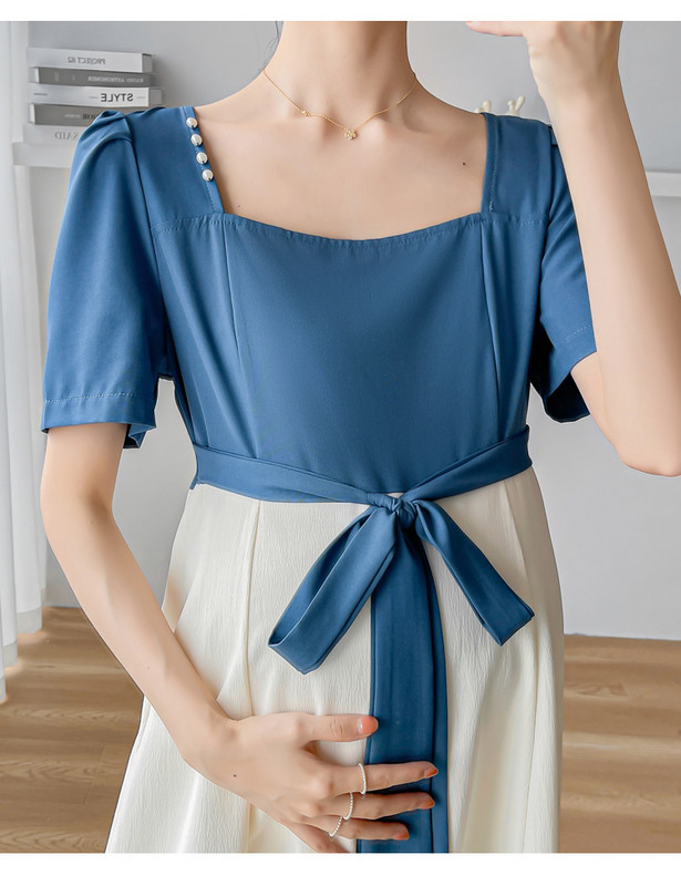 2024. aasta Hiina stiilis vintage raseda naise šifoonist kleit + vöö lühikeste varrukatega ruudukujuline krae rasedatele mõeldud šifoonist plokkide värvi kleidid